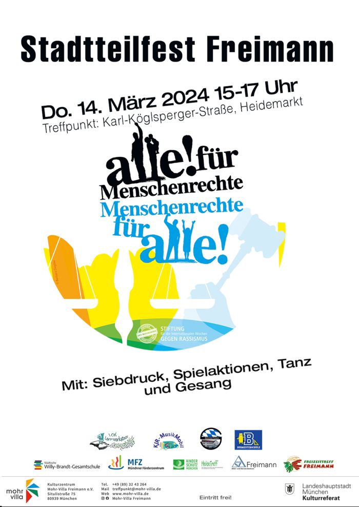 Plakat zur Veranstaltung: Stadtteilfest „Freimann gemeinsam für Menschenrechte“